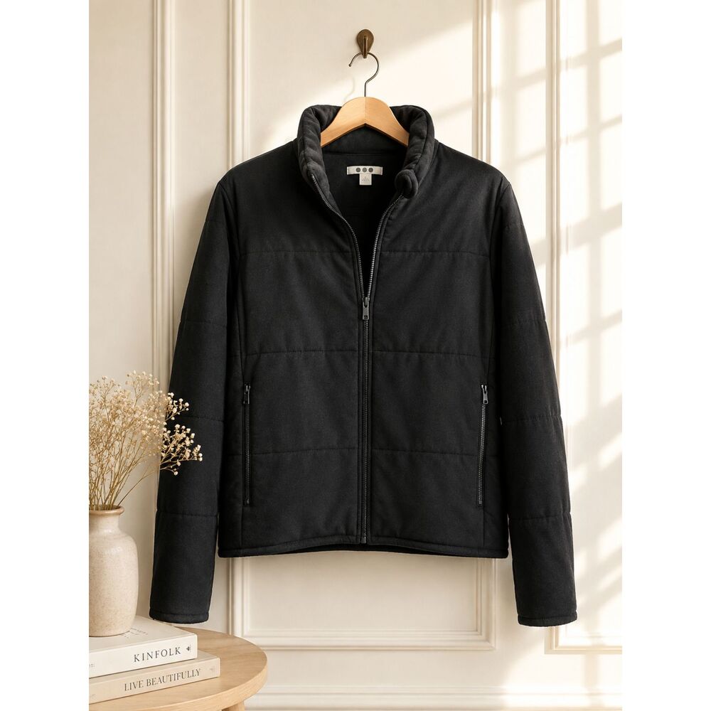 Three Dots Black Plush Quilted Soft Knit Full Zip Jacket Women’s Small